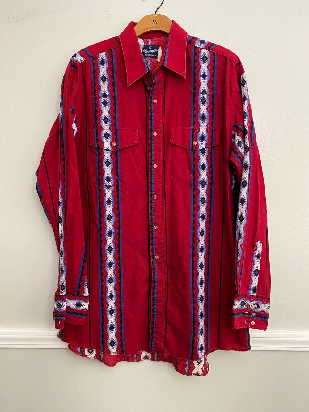 Vintage Wrangler Western Brushpopper Pearl Snap Long Sleeve Aztec Red - XLT
